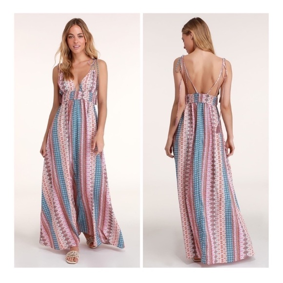 Lulu's Womens Size S Maxin' Relaxin' Blue Multi Print Sleeveless Tie-Strap Maxi - Picture 1 of 14